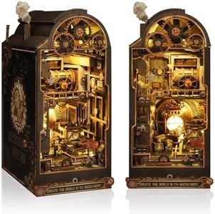 Foyucool DIY Book Nook Kit, Miniature Bookshelf Decor with LED Lights, Laser-Cut Wooden Craft Set for Adults, Creative Gift for Christmas, Birthday, Mechanical World