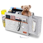 SIMBOOM Bedside Pocket Felt Hanging Storage Bag with Tissue Box and Water Bottle Holder, Dorm Bedroom Bed Sofa Organizer for Phone, Tablet, Remote, Magazines - Light Grey