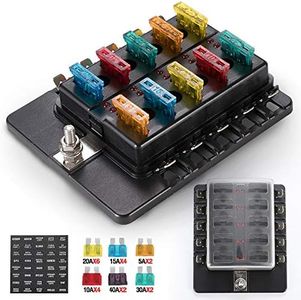 BUNKER INDUST 10-Way Fuse Box Blade Fuse Block Holder with LED Indicator for Blown Fuse Waterpoof Protection Cover for Car Boat Marine Automotive,Include 20Pcs Blade Fuses and 1Pcs DIY Sticker