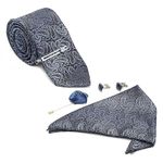 LOUIS STITCH Mens Spruce Blue Italian Silk Necktie Set Incl Pocket Square Cufflinks Chrome Tiepin Brooch American Style Formal Tie Gift Set for Men (TEBU030CP)