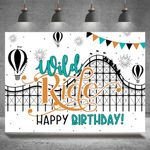 Rsuuinu Happy Birthday Backdrop Wild Ride Roller Coaster Amusement Park Hot Air Balloon Birthday Photography Background Boys Kids Birthday Party Decoration Supplies Banner Photo Booth Props 7x5ft