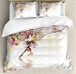 Ambesonne Japanese Duvet Cover Set, Natural Floral Japanese Style Garden with Cherry Blossom Sakura Butterfly, Decorative 3 Piece Bedding Set with 2 Pillow Shams, Queen Size, Pink Yellow