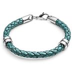 Tribal Steel Women's Jade Green Rondel Leather Bracelet - Ladies 20cm Plaited Leather Bracelet with Stainless Steel Rondels, Lobster Clasp