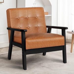 ALFORDSON Wooden Armchair Accent Chair with Solid Wood Frame Wooden Armrest, PU Leather Fabric Upholstery Cushion Lounge Sofa for Reading Bedroom Living Room, 180KG, Brown Black