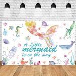 AwaeIpet Mermaid Baby Shower Decorations Backdrop: Under The Sea Themed Gilrs Babyshower Party Photography Background - Ocean Theme Little Mermaid is On The Way Banner 5x3ft, 9848c