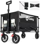 Sekey Folding Festival Trolley with Brake, 330LB Capacity Heavy Duty Beach Cart, Breathable & Quick-Dry, 200L Camping Wagon on All-Terrain Wheels, Adjustable Handle, Drink Holders, Black