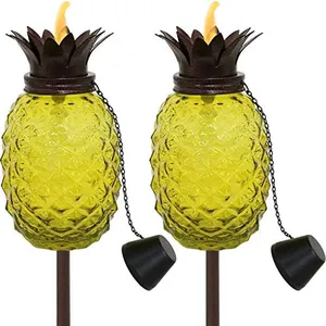 Sunnydaze Tropical Pineapple 3-in-1 Glass Patio Torches - 23- to 63-Inch Adjustable Height - Set of 2 - Yellow