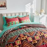 Flysheep Boho Bed in a Bag 7 Pieces Queen Size, Colorful Bohemian Tribal Comforter Set with Teal Sheet Set for All Season(1 Comforter, 1 Flat Sheet, 1 Fitted Sheet, 2 Pillow Shams, 2 Pillowcases)