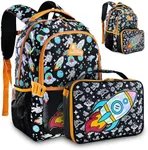 Decorably Backpack with Lunch Bag for Kids - 2Pc Set Space Backpack for Boys with Lunch Bag with Holographic Rocket Patch - Kids Backpack Boys with Lunch Bag, Outer Space Backpack Lunch Box Combo Kids