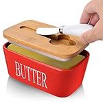 Large Butter Dish with Lid, Porcelain Butter Container with Knife Holds 2 Sticks of Butter with Double Silicone Seals Design, Ceramic Butter Dish with Covers Perfect for East West Coast Butter,Red