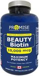 Promise Beauty Biotin High Potency Capsules 300 Capsules,10,000 mcg - Vitamin B7 for Rapid Hair Growth Support and Healthy Metabolism- Soft Skin and Strong Nails- Made In Canada