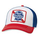 AMERICAN NEEDLE Pabst Blue Ribbon PBR Beer Baseball Hat, 5 Panel Structured Fit, Adjustable Snapback Trucker Dad Cap, Valin Collection, Red, White, and Blue (SMU500B-PBC)