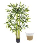Warmplants Artificial Bamboo Tree, 5ft Tall Natural Bamboo Trunk Fake Greenery Plant with Basket, Indoor Outdoor Silk Leaves Faux Tree for Home Office Décor
