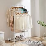 LEOPAX Garment Rack, Freestanding Coat Hanger Double Rods Multi-functional Clothing Rack, Coat Rack, Metal Garment Rail With Two Top Rod, Hook and Lower Storage Shelf - White - 80 x 40 x 148cm