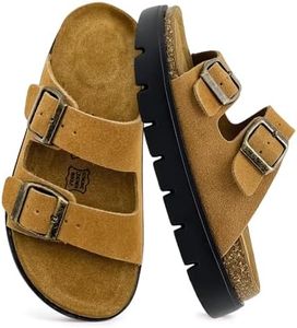 vinshoeci Kids Sandals Boys Girls Slide,Cork Slippers with Adjustable Straps for Little Kid/Big Kid,Memory Foam Insole Footbed Support Non-Slip Summer Shoes Light brown 13