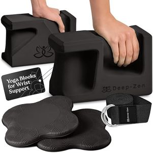 Deep-Zen PRO Yoga Blocks | Ergonomic Yoga Block 2 Pack for Wrist Comfort and Support | EVA Foam Exercise Blocks, 2x Knee Pads & Yoga Strap | Pilates Block Set | Bricks to Eliminate Wrist Pain, Black