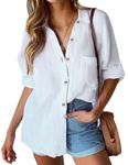 Hotouch White Button Down Shirt Women V Neck Collared Long Sleeve Casual Business Cotton Blouses Tops White L