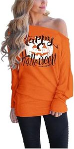 Lacozy Women's Halloween Sweatshirts Skull Graphic T Shirts Long Sleeve Pullover Tops Gothic 2025 Fall Clothes Orange 2XL