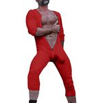 Caxndycing Jumpsuit Men's Onesie Bodysuit Adult Romper Pyjamas for Men Plain Thermal Underwear Stretch Sleepwear Long Sleeve Shirt Undershirt Jumpsuit with Buttons, red, XL