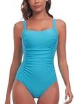 Swimming Costume Women Tummy Control One Piece Swimsuits Retro Ruched Monokini Swimwear Bathing Suit Bikini Plus Size YA#Capri Blue,S