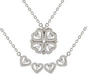 Ronglry Lucky Four Leaf Clover Necklace Dainty Heart Necklace for Women Girls CZ Four Leaf Clover Pendant Necklace Heart-Shaped Clavicle Necklace Gifts for Valentine's Day Birthday, Stainless Steel, No Gemstone