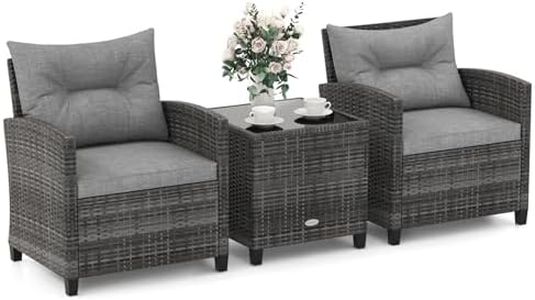 ORALNER Patio Furniture, 3 Pieces Outdoor Wicker Conversation Set Chairs with Soft Cushions and Glass Coffee Table, Rattan Bistro Set for Balcony Garden Deck Front Porch Poolside (Grey)