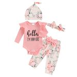 Newborn Girl Spring Long Sleeve Romper Clothes Set I’M NEW Here Letter Bodysuit Flower Print Pants Hat and Bow Headband 4Pcs Set Outfit (Pink, 3-6 Months)