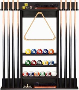 FoverOne Pool Cue Rack, Bamboo Wall Mount Pool Sticks Holder, Holds 8 Cues and Full Set of Balls, Pool Table Accessories Organizer for Billiard Room or Club - Dark Brown