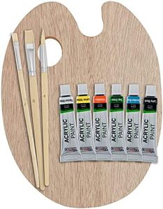 U.S. Art Supply Artist Painting Set with 6 Vivid Acrylic Paint Colors, Wood Painting Palette, 3 Brushes - Basic Artwork Project Essentials - Fun Children, Kids, School, Students, Beginners Starter Kit