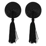 LEOMOSTE Reusable Silicone Sequin Adhesive Nipple Cover Pasties Shiny Bra Sticker Covers Pads with Tassels, Glitterblack, One Size