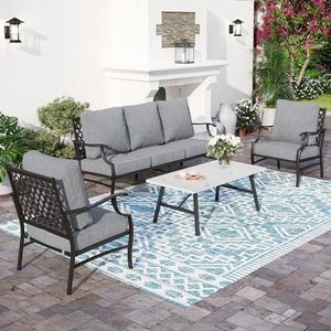 SUNSHINE VALLEY 4 Piece Metal Outdoor Patio Furniture Sets, Patio Conversation Sets 1 3-seater Sofa, 2 Fixed Chair with 5.75" Extra Thick Cushion and Coffee Table, Black Frame Backyard Furniture, Gray