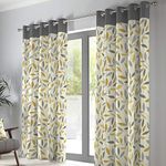 Fusion - Grey & Ochre Leaf Curtains W66 x L90 (168 x 229cm) - 100% Cotton - 2x Panels - Eyelet Curtains in Yellow/Grey - Grey & Yellow Floral Curtains for Bedroom & Living Room - Beechwood Collection