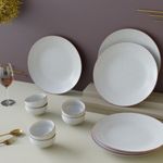 The Earth Store Handcrafted White Matte Brown 12 Piece Ceramic Dinner Set, 6 Full Dinner Plates, 6 Vegetable Bowls | Microwave & Dishwasher Safe | Ceramic Plate | Katori