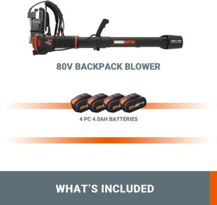 WORX 80V Cordless Backpack Blower – Brushless AIR Turbine, 4x4.0Ah Battery, Basecamp Charger