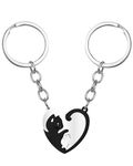 2 Pcs Matching Couple Gift, Cute Stainless Steel Cat White Black Heart Puzzle Keyring for Boyfriend Girlfriend, Small Key Chain Stuff for Him and Her, Husband Wife Fiancée