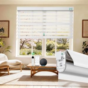 Allesin No Drill Motorized Zebra Shades with Remote Control, 50% Light Filtering Smart Blinds for Apartments & Rentals - Compatible with Alexa, Automatic Day/Night Adjustment (Pure White 35" Wx72 H)