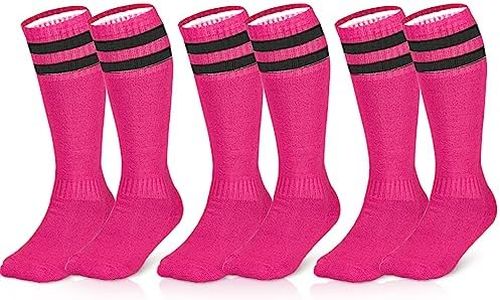 3 Pairs Kids Knee High Soccer Socks Athletic Sports Team Socks for 7-12 Years Old Youth Boys and Girls (US Size 3-6） (Pink)