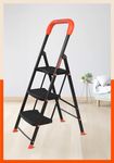 Bathla 3 Step Ascend Steel Ladder for Home Use | Large Platform (36 x 20.5 cm) | Wide Anti-Skid Steps | Safety Hand Grip | Heavy Duty Foldable | 120 kg Capacity | 2-Year Warranty | Orange & Black