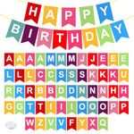 Party Propz Customized Birthday Banner - 1pc Happy Birthday Banner (cardstock), 56 Pcs Name Letters for Birthday Decoration and 3 Pcs Ribbons | Customized Letter| DIY Happy Birthday Banner with Name