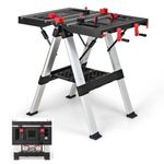 TANGZON Folding Workbench, Height Adjustable Flip-Top Work Bench Tool Stand Saw Horse Workstation with Clamping System, Portable Heavy Duty Work Table Miter Saw Stand, 82x63x56/82cm (Black+Red)