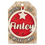 Personalised Wooden Finley Name Red Hanging Christmas Tree Bauble Decoration