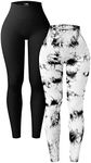 OQQ Women's 2 Piece Yoga Leggings Ribbed Seamless Workout High Waist Athletic Pants Black Tie-Dyed White