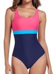 Vevarble Swimming Costume Women Sporty U Back One Piece Swimsuit Athletic Shaping Swimwear Bathing Suits Navy/Peach,L