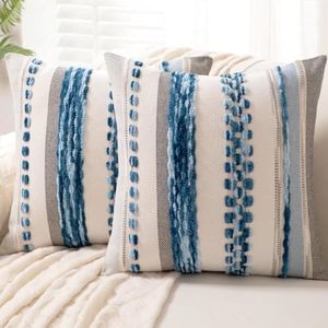 WANLIRD Boho Throw Pillow Covers 18x18 Set of 2 Farmhouse Decorative Cushion Case Striped Square Pillows Cover Chenille Pillow Cases Accent Neutral Pillowcase for Sofa Couch Bed,Sky Blue