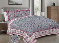 HZAR ART Soft Cotton Queen Size Bedsheet for Double Bed with 2 Pillow Covers | 240 TC Flat Sheet | Jaipuri Print Double BedSheet Cotton(Flower Buti Print, 90 X 100 Inches) SSBS130