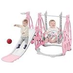 FUKEA Kids Slide, 4-in-1 Toddler Slide and Swing Set with Basketball Hoop Garden Climbing Frames, Slide for Toddlers Age 1-3 Indoor & Outdoor, Garden Slides for Kids(baby Pink)