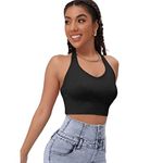 GLARE & BLAIR Ribbed Stylish Sleeveless Halter Neck Crop Tank Regular Fit Top For Women (Small, Black)