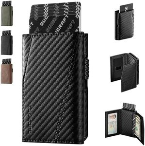 𝗗𝗨𝗚𝗥𝗔𝗙𝗧 Credit Card Holder Wallet with ID Window, Leather RFID Blocking Slim Minimalist Pop Up Aluminum Metal Card Wallet for Men with Banknote Compartment, CF Black