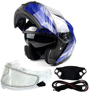 Typhoon TH158 Dual Visor Modular Full Face Snowmobile Helmet with Heated Shield, Breath Box (Blue, Medium)