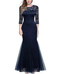 Miusol Women's Classy Floral Lace 2/3 Sleeve Mermaid Evening Formal Maxi Dress (Small, Navy Blue)